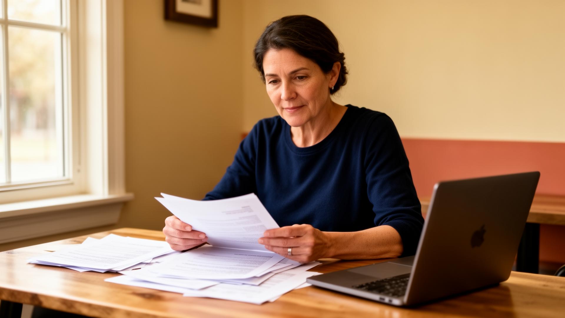 A small business owner reviewing paperwork at her desk in a warm, natural-lit workspace
